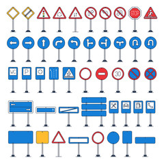 Obraz premium Vector mega set of cartoon road signs with outline. Hand-drawn traffic sign icons isolated on white background.