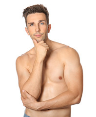 Fototapeta premium Handsome young man after depilation on white background