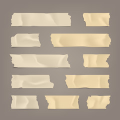 Fototapeta na wymiar Realistic adhesive tape set. Sticky scotch, duct paper strips on brown background. Vector illustration.