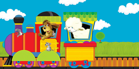 cartoon steam train on tracks with farm animals on white background space for text - illustration for children
