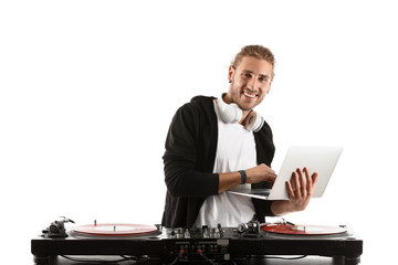 Male dj playing music on white background