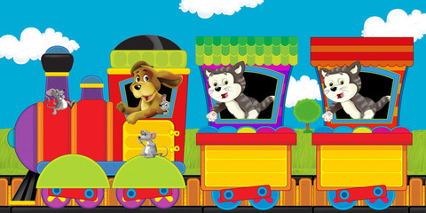 Fototapeta premium cartoon steam train on tracks with farm animals on white background space for text - illustration for children