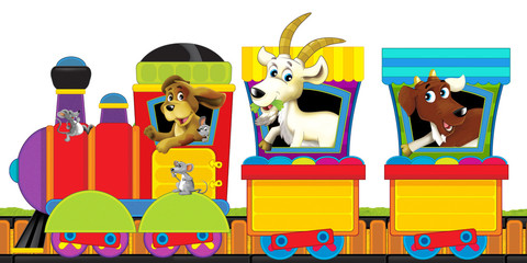 cartoon steam train on tracks with farm animals on white background space for text - illustration for children