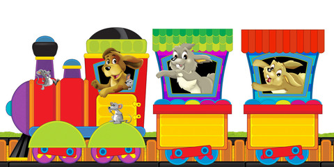 cartoon steam train on tracks with farm animals on white background space for text - illustration for children