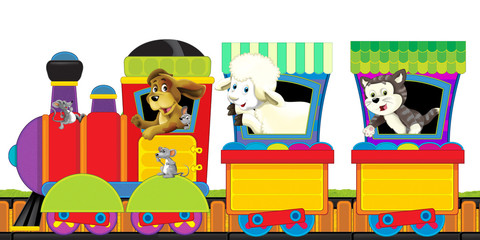 cartoon steam train on tracks with farm animals on white background space for text - illustration for children