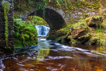 Fototapeta na wymiar Lush River under the bridge at Torc Waterfall in Killarney National Park, County Kerry, Ireland