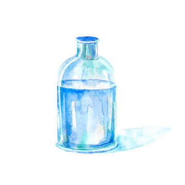 Clear water bottle.Watercolor hand drawn illustration.White background.	
