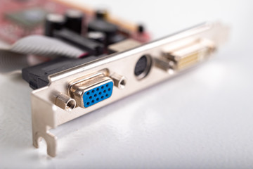 Analog and digital connector mounted in the graphics card. Old graphics card for PC.
