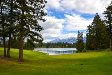 The perfectly cut, vibrant green grass of the Whistler golf course and it’s tall pine trees creates a beautiful foreground to the calm waters edge of the lake and mountains in the distance on this par