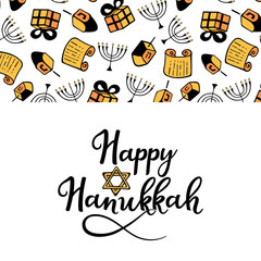 Happy Hanukkah. Chanukah Traditional attributes of the menorah, dreidel, Torah in doodle style. Round frame, hand lettering.