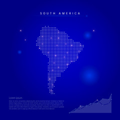Fototapeta na wymiar South America illuminated map with glowing dots. Dark blue space background. Vector illustration