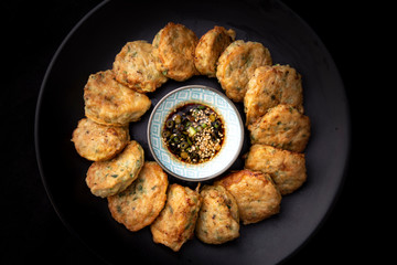 Korean style pan-fried meatballs which is called dong-geulangttaeng in Korea