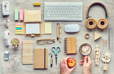 Concept flat lay with modern office supplies from eco friendly sustainable materials without single...