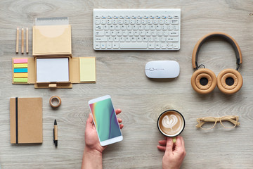 Concept flat lay with modern office supplies from eco friendly sustainable materials, craft paper, bamboo, and wood. Organize workspace routines avoiding single use plastic.