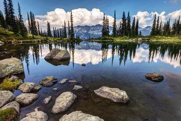 Harmony Lake reflection while hiking on Whistler Mountain in British Columbia, Canada