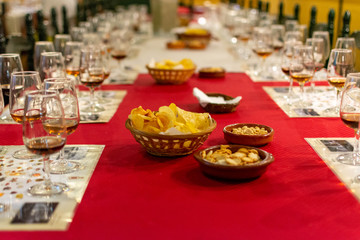 Sherry wine tasting, selection of different jerez fortified wines from dry to very sweet in glasses, Jerez de la Frontera, Andalusia, Spain