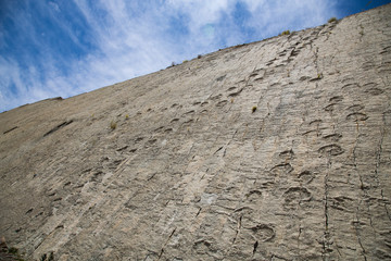 Cal Orcko paleontological site in Sucre. Steep wall with thousands o dinosaur foot prints.