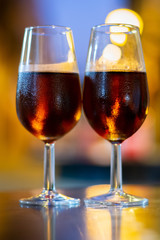 Christmas sherry wine, dry or sweet jerez fortified wine in glasses and street lights, Jerez de la Frontera, Andalusia, Spain