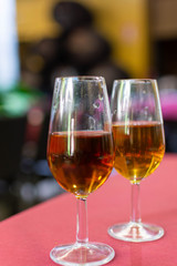 Sherry wine tasting, selection of different jerez fortified wines from dry to very sweet in glasses, Jerez de la Frontera, Andalusia, Spain