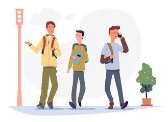 Three young students walk down the street and have fun talking. Cartoon character design. Flat vector illustration eps 10