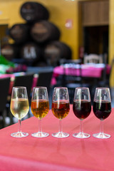 Sherry wine tasting, selection of different jerez fortified wines from dry to very sweet, Jerez de la Frontera, Andalusia, Spain