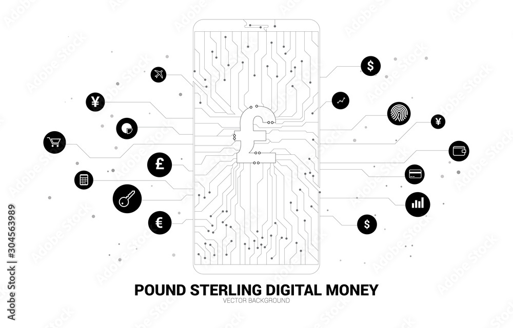 Aufkleber vector money pound sterling icon in mobile phone screen from dot connect line circuit board style. c
