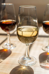 Sherry wine tasting, selection of different jerez fortified wines from dry to very sweet in glasses, Jerez de la Frontera, Andalusia, Spain