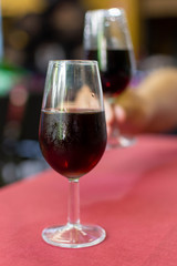 Sherry wine tasting, selection of different jerez fortified wines from dry to very sweet in glasses, Jerez de la Frontera, Andalusia, Spain