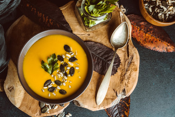 Still Life Pumpkin Soup, Natural Pumpkin, Pumpkin Seeds and Fall Leaves