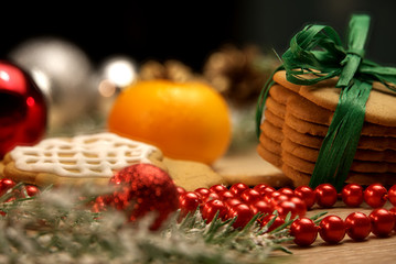 Christmas cookie or Gingerbread cookies on a wooden background.