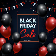 Black friday sale shop now Text design template with red and black balloons