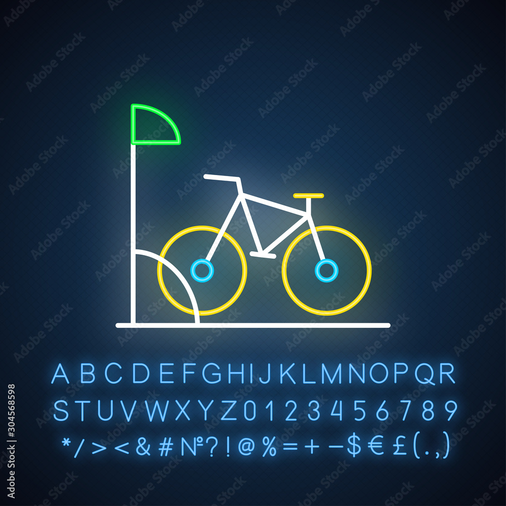 Canvas Prints Bike parking neon light icon. Bicycle rack. Sport activity. Eco transport. City biking. Apartment amenities. Glowing sign with alphabet, numbers and symbols. Vector isolated illustration