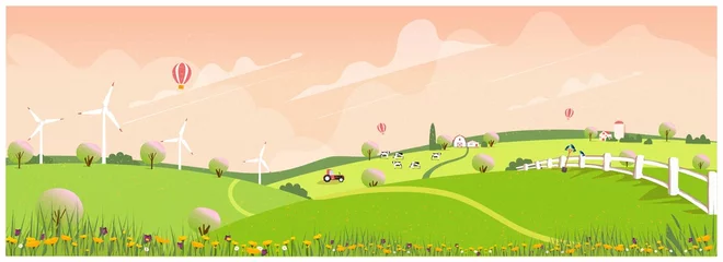 Fotobehang The wild panoramic rural countryside in spring. Green hill with apple blossom alleys with canola and spring flower.Concept of farm agriculture in spring. © Paansaeng