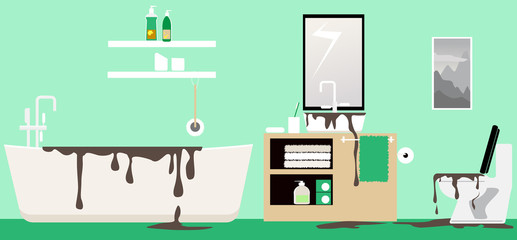 Dirty water backing up in a bathroom after a septic tank fail or a clog, EPS 8 vector illustration