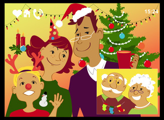 Obraz na płótnie Canvas Family in Christmas hats chatting with grandparents via video chat on a computer screen, EPS 8 vector illustration