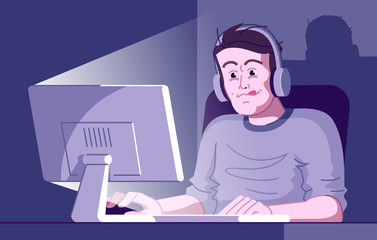 Gaming addiction flat vector illustration. Videogaming dependence. Computer entertainment obsession. Exhausted player with eyebags. Excited gamer playing online game at night cartoon character © bsd studio