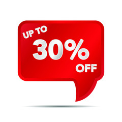 Special offer Sale tag banner. Up to 30 percent off. Red Vector illustration on white background. Shopping object and symbold for discount, flyer, selling, advertising campaign, black friday