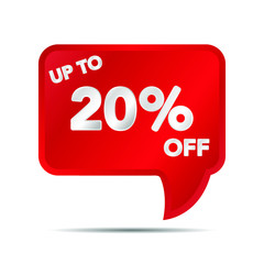 Special offer Sale tag banner. Up to 20 percent off. Red Vector illustration on white background. Shopping object and symbold for discount, flyer, selling, advertising campaign, black friday