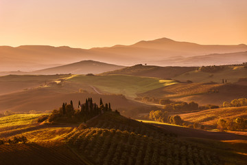 Fototapeta na wymiar Tuscan hills at sunrise, San Quirico d´Orcia, Tuscany, Italy