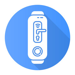 Fitness tracker with digital door lock function blue flat design long shadow glyph icon. Wearable device with innovative smart home control. Door handle with wifi sign. Vector silhouette illustration