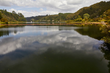 Fototapeta na wymiar Rotorua lake and dam structures near Taupo, North Island, New Zealand