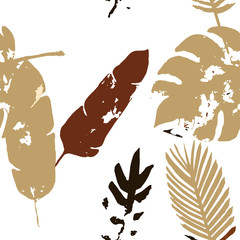 Palm, Banana Leaves Vector Seamless Pattern, Brown Yellow Earth Tone Exotic Fabric. Hand 