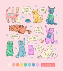 Cute cats doodle characters. Cats isolated vector icon. Fantasy coloring cats, sticker set, patch badge.