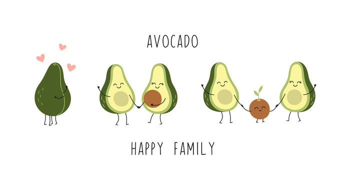 Cute avocado characters, couple in love, young parents, little baby, happy family. Cartoon vector isolated illustration on a white background.