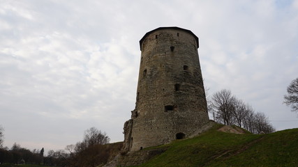 Fototapeta na wymiar Temples of the Pskov architectural school..The complex of fortifications of Okolny city,.The rattle tower.