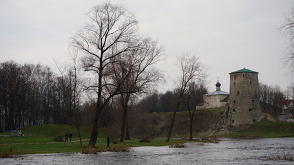 Temples of the Pskov architectural school..The complex of fortifications of Okolny city,.The rattle tower.