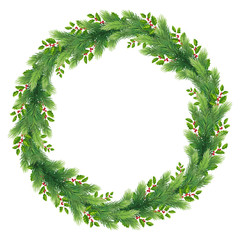 Pine wreath with holly and red berries. Winter New Year's decor. Christmas wreath. Isolated