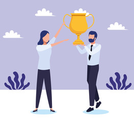 avatar businessman and busineswoman with trophy cup