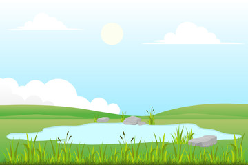 Vector illustration of grassland and small lake with natural scenery