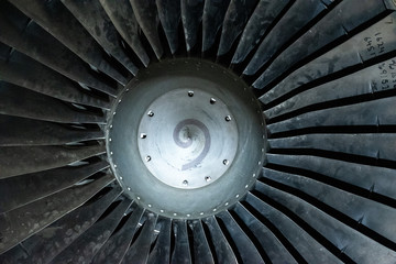 looking at the entake of a jet engine with the cone and titanium blades